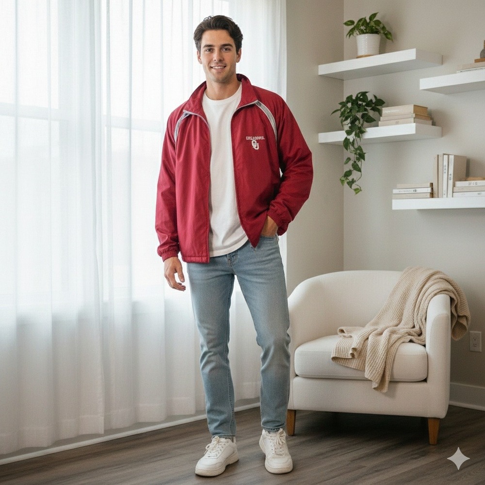 Red Oak‎ Sportswear Oklahoma Sooners Windbreaker Jacket Crimson White - Size L